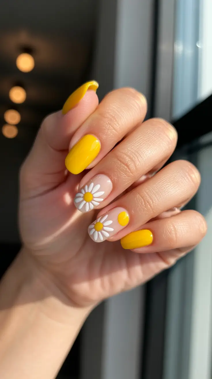 stylish spring break nails 2026 Bright Daisy Accent Nails in Sunshine Yellow