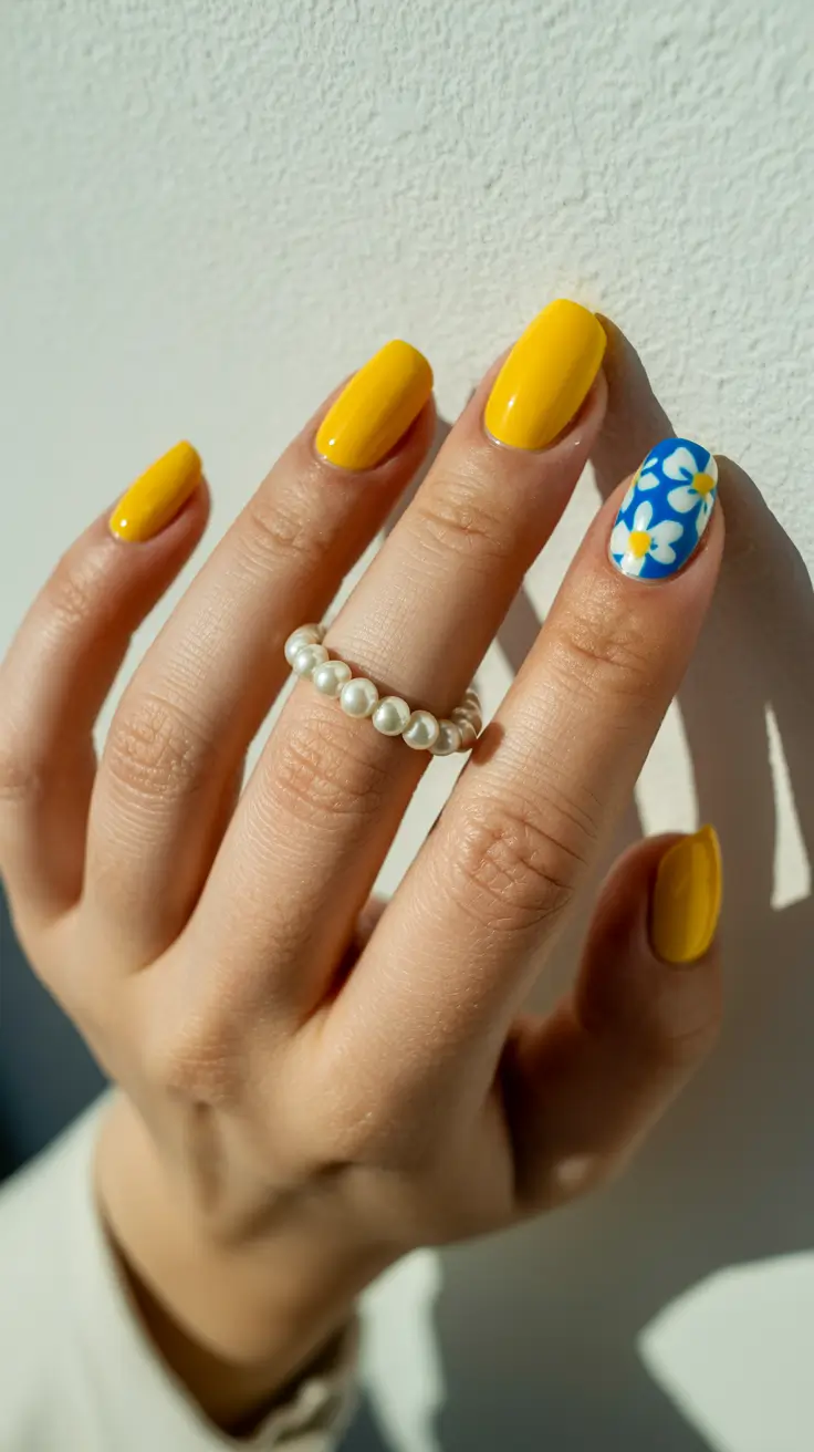 stylish spring break nails 2026 Sunny Yellow with Retro Blue Floral Accent