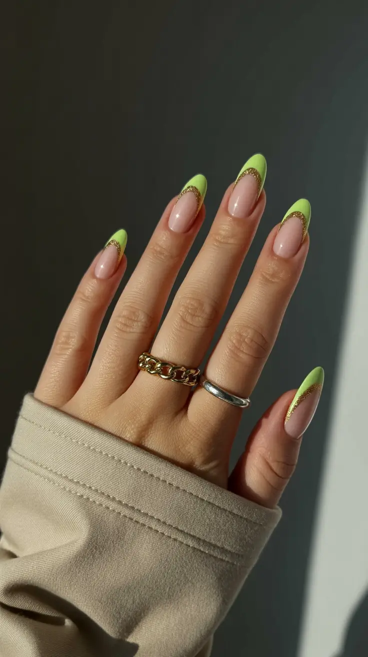 stylish spring break nails 2026 Neon Lime French with Gold Glitter Edging