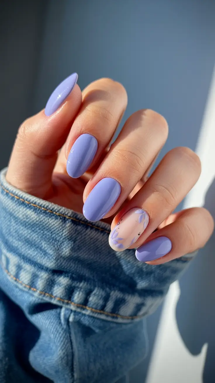 stylish spring break nails 2026 Periwinkle Gloss with Soft Botanical Accent
