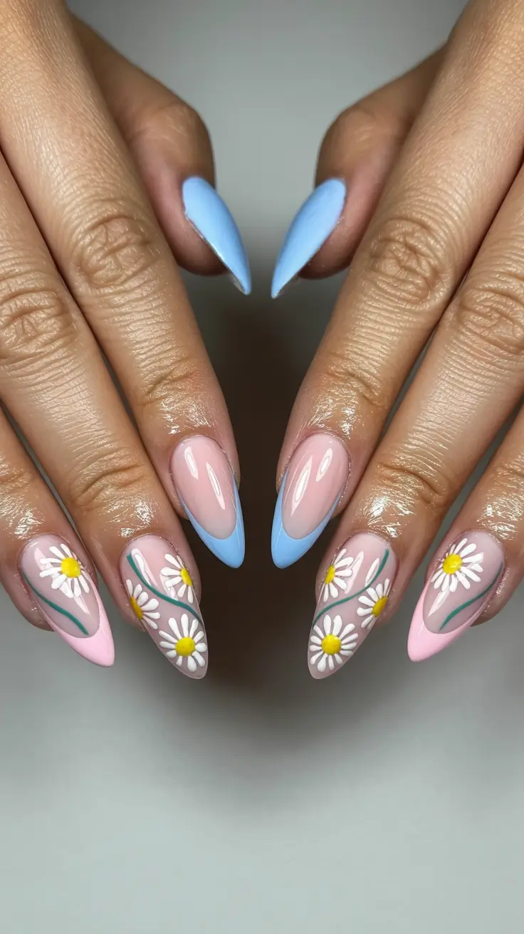 stylish spring french tip nails 2026 Pastel Split French with Hand-Painted Daisies