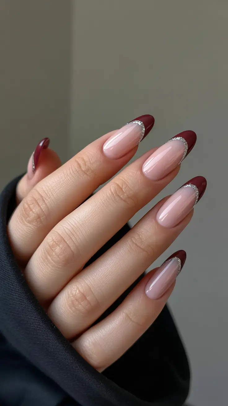 stylish spring french tip nails 2026 Burgundy Almond French with Silver Glitter Frame