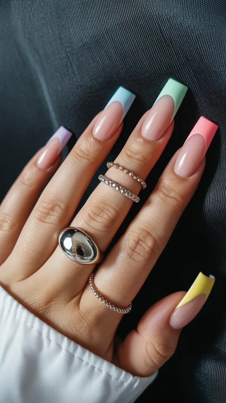 stylish spring french tip nails 2026 Long Pastel French on Sculpted Square Nails