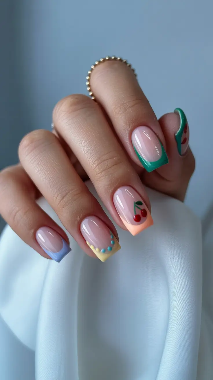 stylish spring french tip nails 2026 Playful Cherry and Pastel French Mix