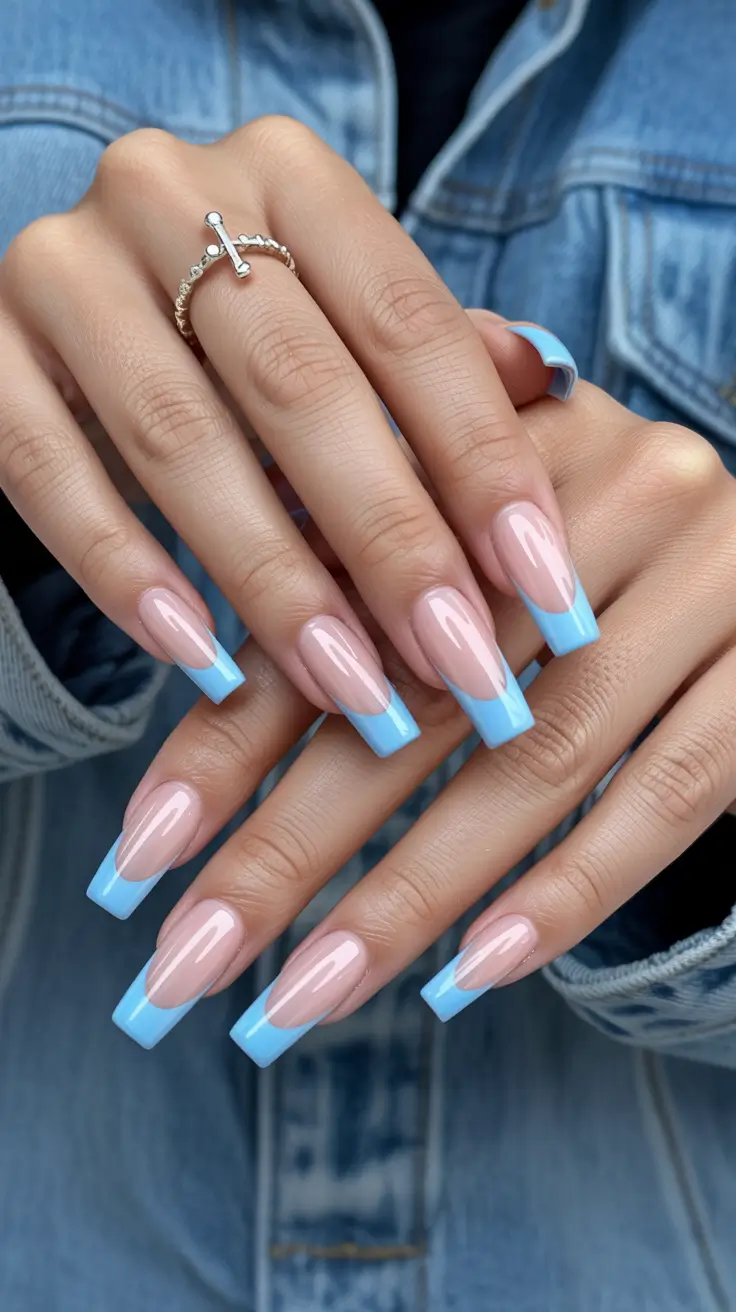 stylish spring french tip nails 2026 Sky Blue Long French on Glossy Nude Base