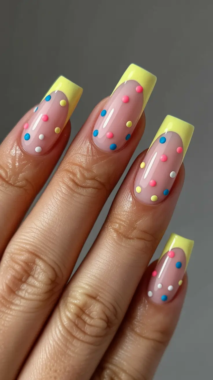 stylish spring french tip nails 2026 Neon Yellow French with Playful Polka Dots