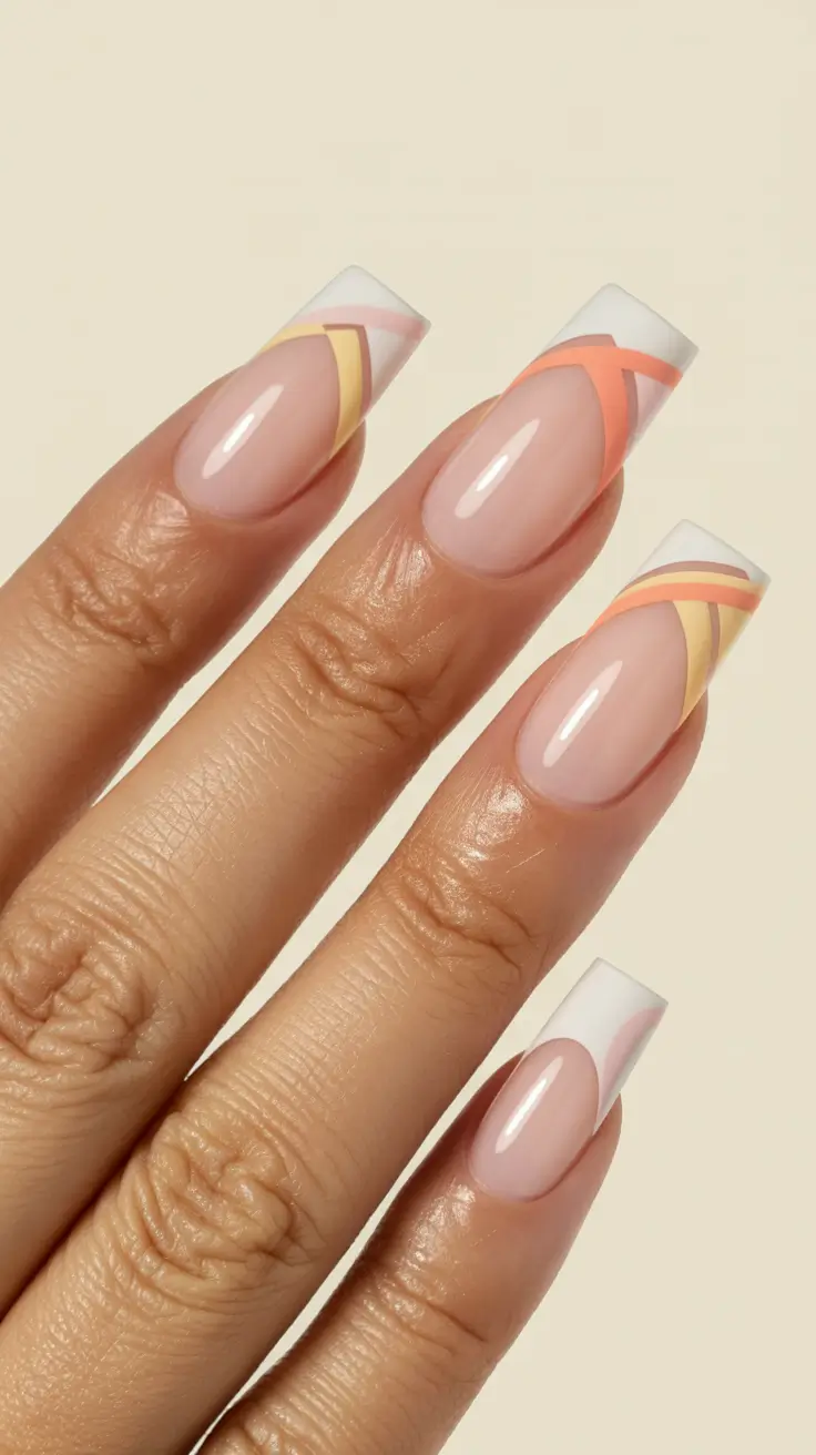 stylish spring french tip nails 2026 Transparent French with Retro Color Striping
