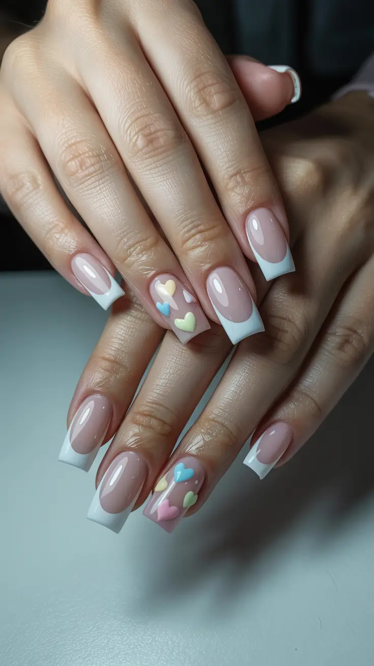 stylish spring french tip nails 2026 Classic White French with Pastel Heart Accents