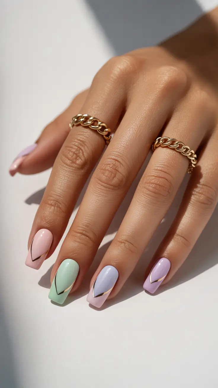 stylish spring french tip nails 2026 Pastel Color-Block French with Gold Contour