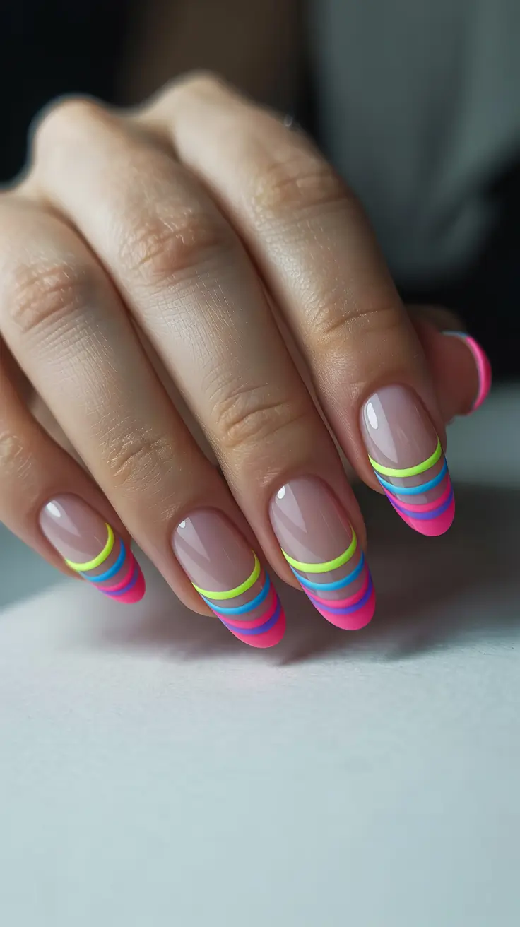 stylish spring french tip nails 2026 Neon Layered French with Multicolor Striping