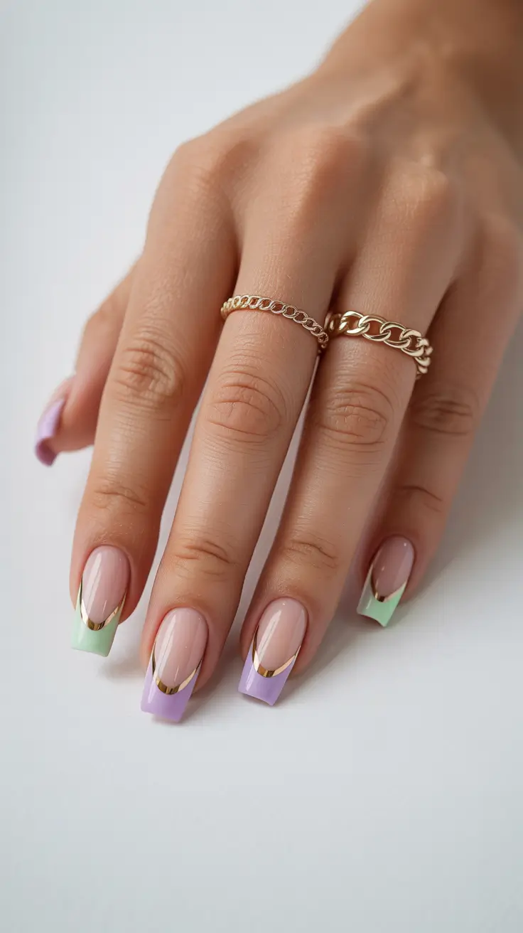 stylish spring french tip nails 2026 Double-Lined Pastel French with Glossy Nude Base