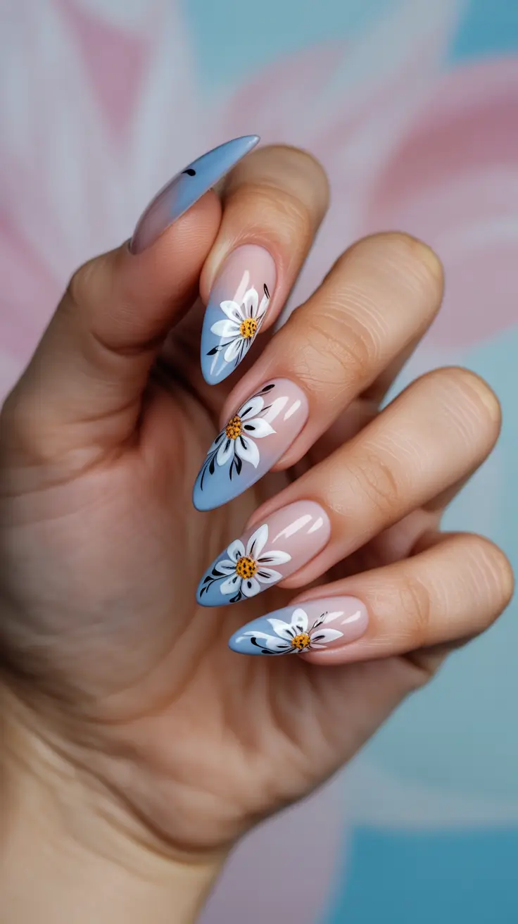 stylish spring french tip nails 2026 Blue Gradient French with Hand-Painted Daisies