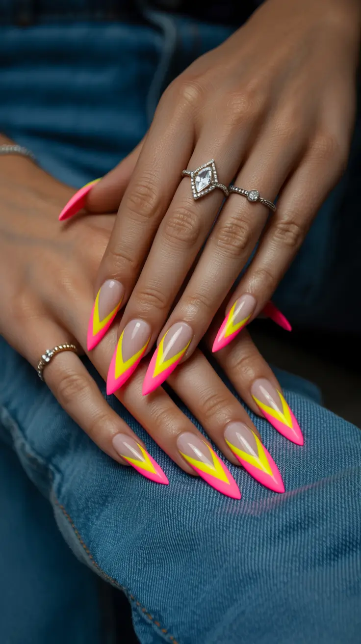stylish spring french tip nails 2026 Neon V French on Stiletto Shape