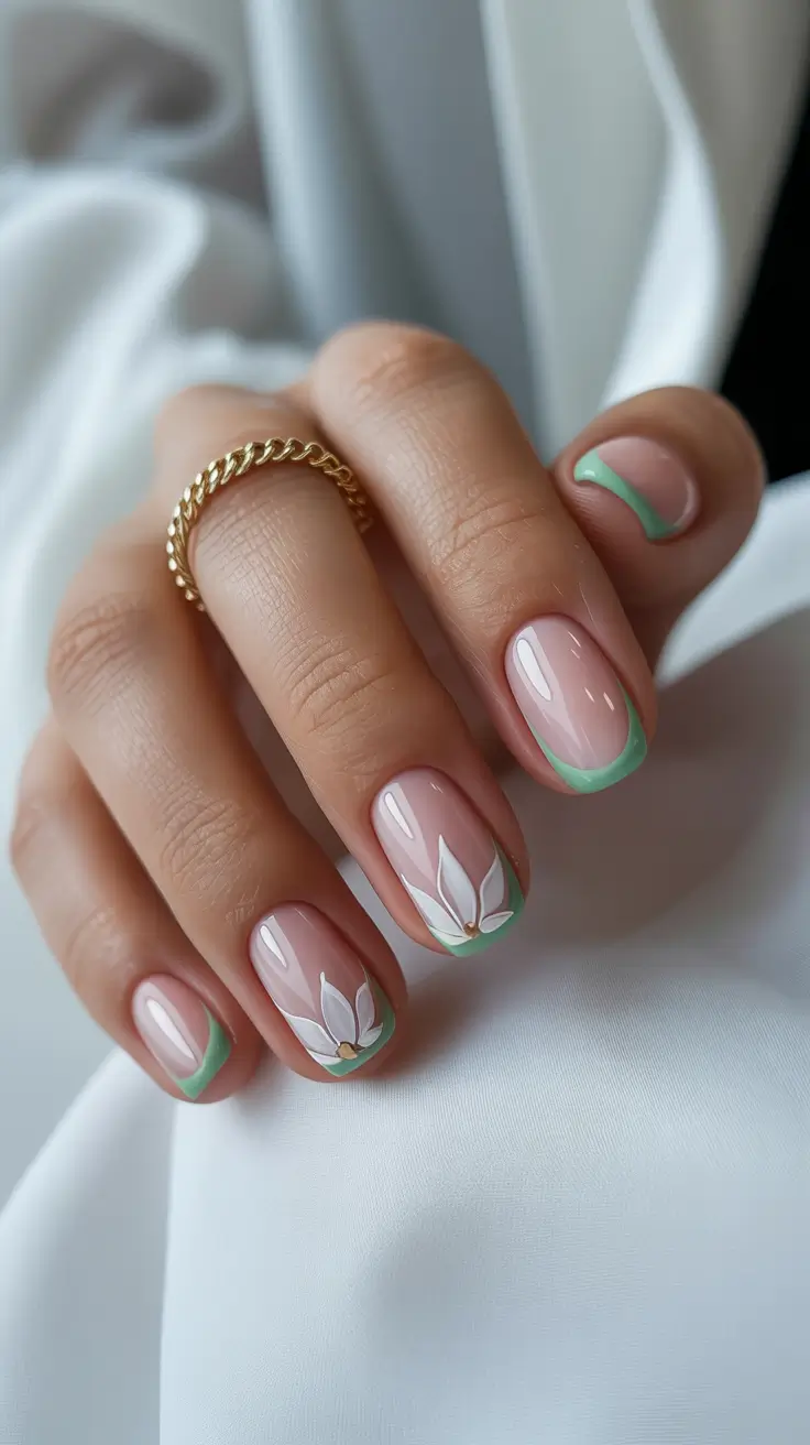 stylish spring french tip nails 2026 Mint Petal French with Sheer Pink Base