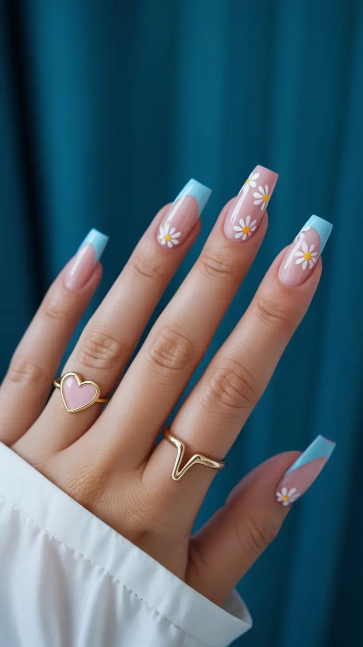 stylish spring french tip nails 2026 Baby Blue French with Daisy Accents