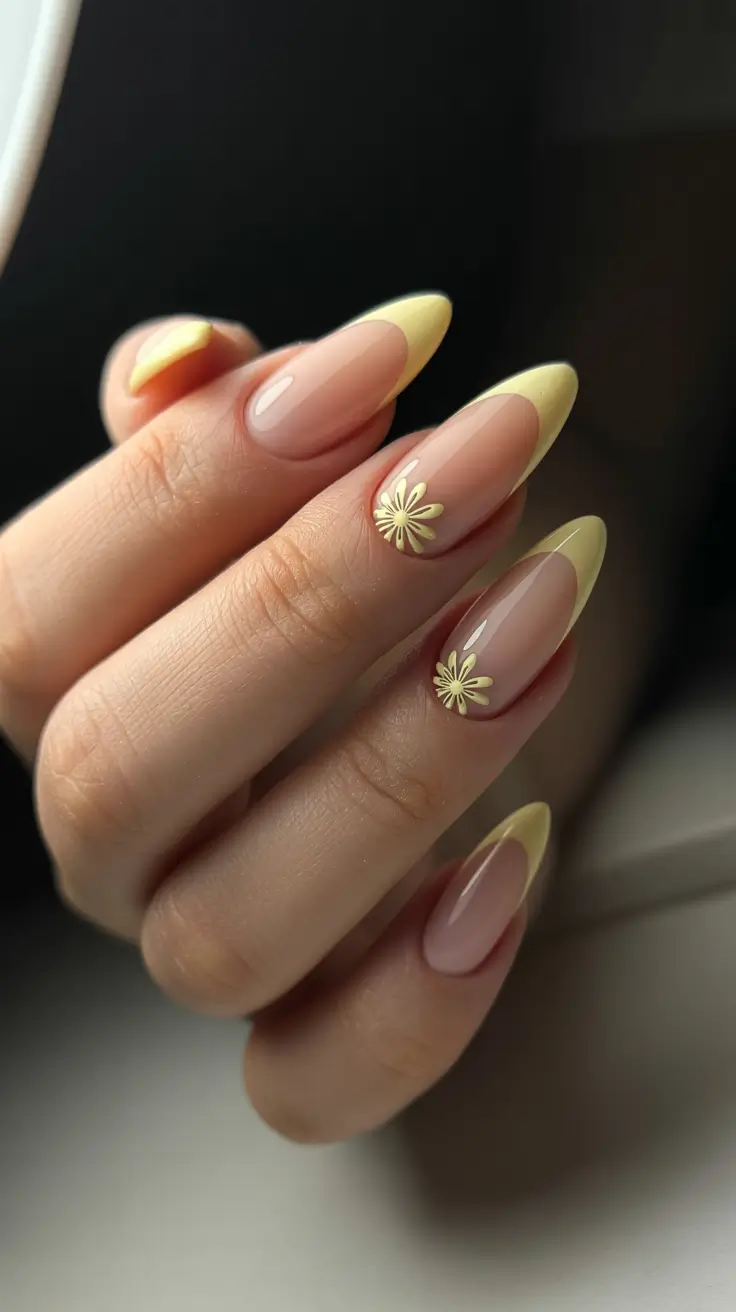 stylish spring french tip nails 2026 Butter Yellow Almond French with Minimal Floral Detail