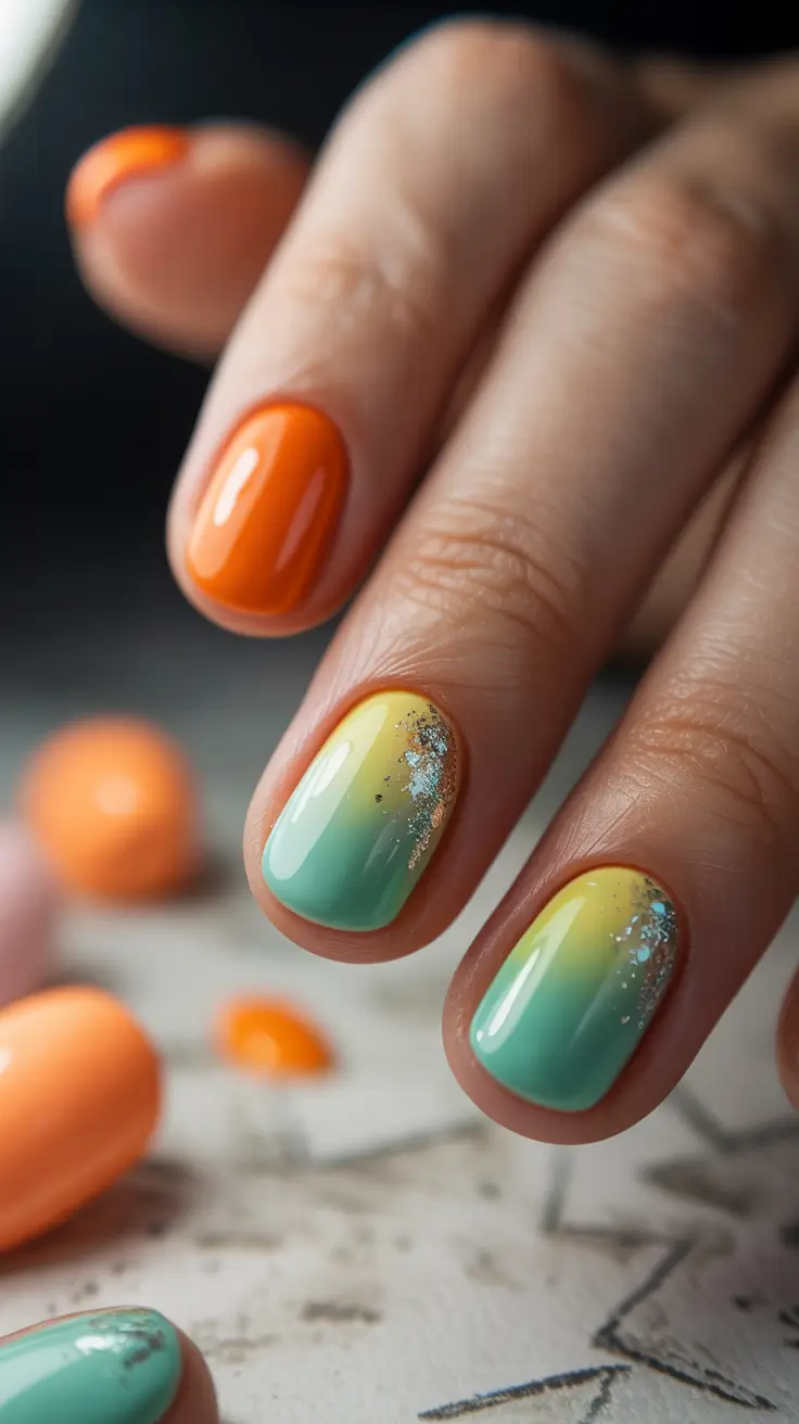 stylish spring nail art for 2026 Citrus Sorbet Gradient with Golden Sparkle