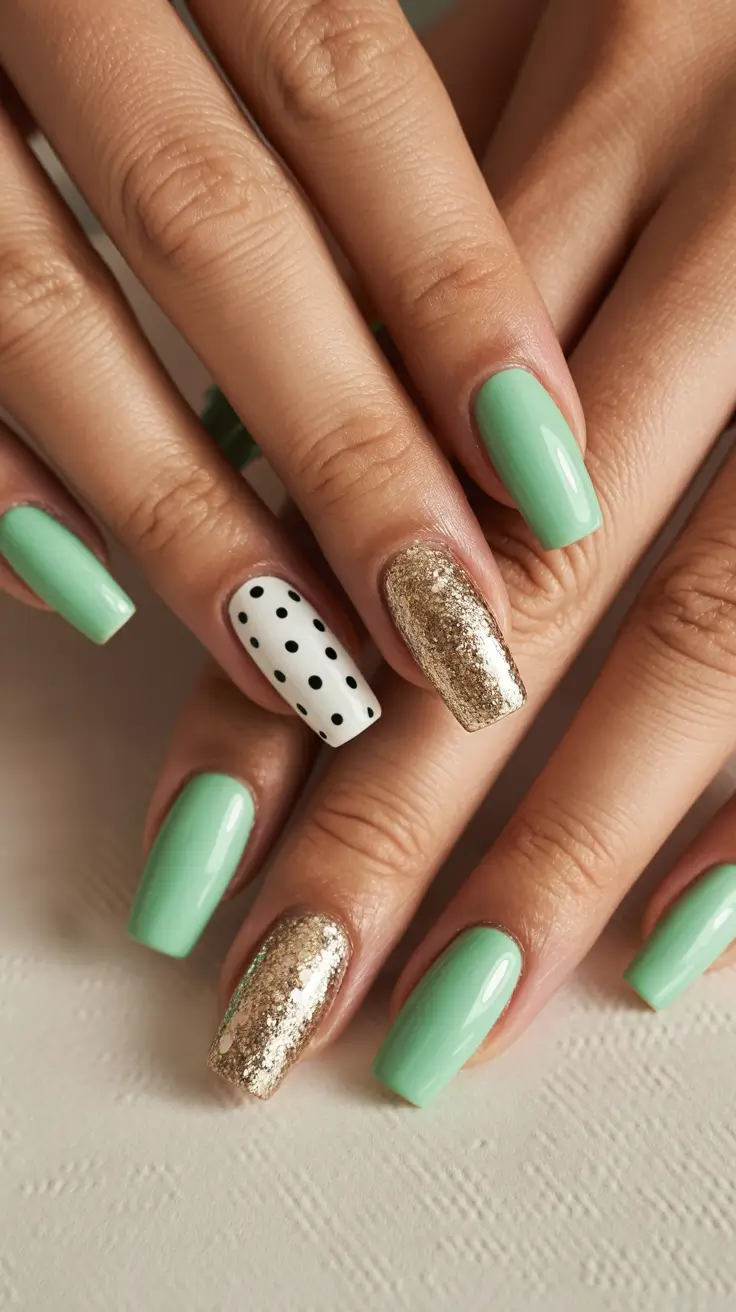 stylish spring nail art for 2026 Pistachio Polka and Champagne Glitter Mix