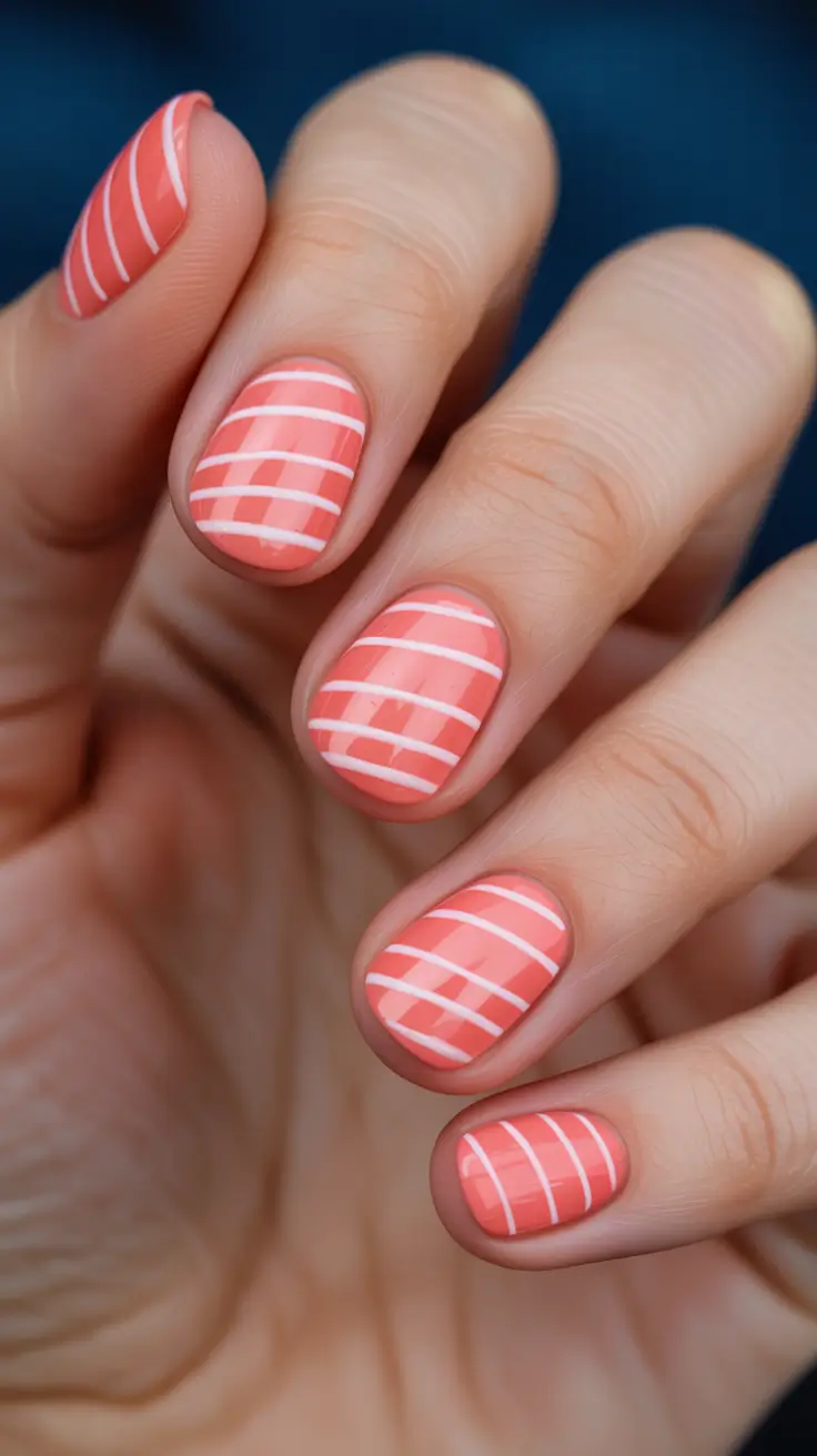 stylish spring nail art for 2026 Coral Candy Stripe Minimalism