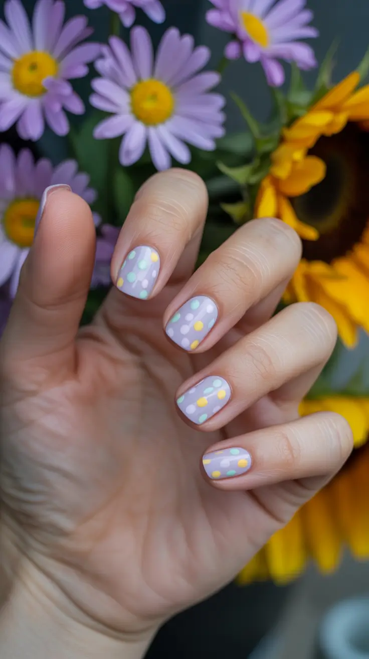 stylish spring nail art for 2026 Lavender Confetti Dot Play