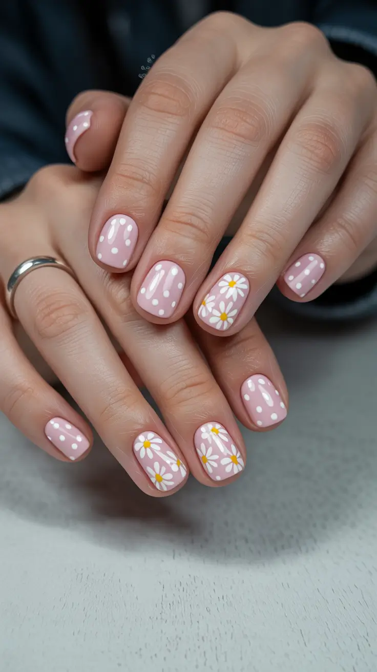 stylish spring nail art for 2026 Blush Daisy Polka Romance
