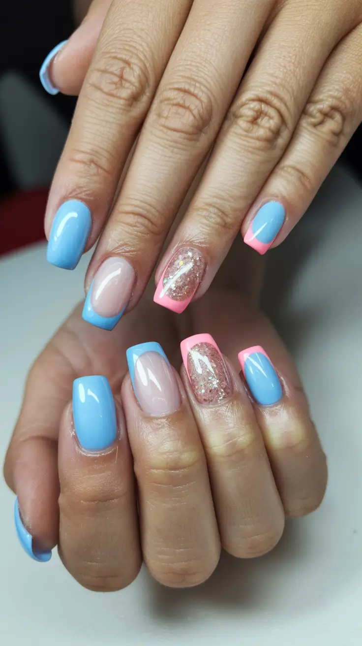 stylish spring nail art for 2026 Baby Blue and Pink Sparkle French Fusion