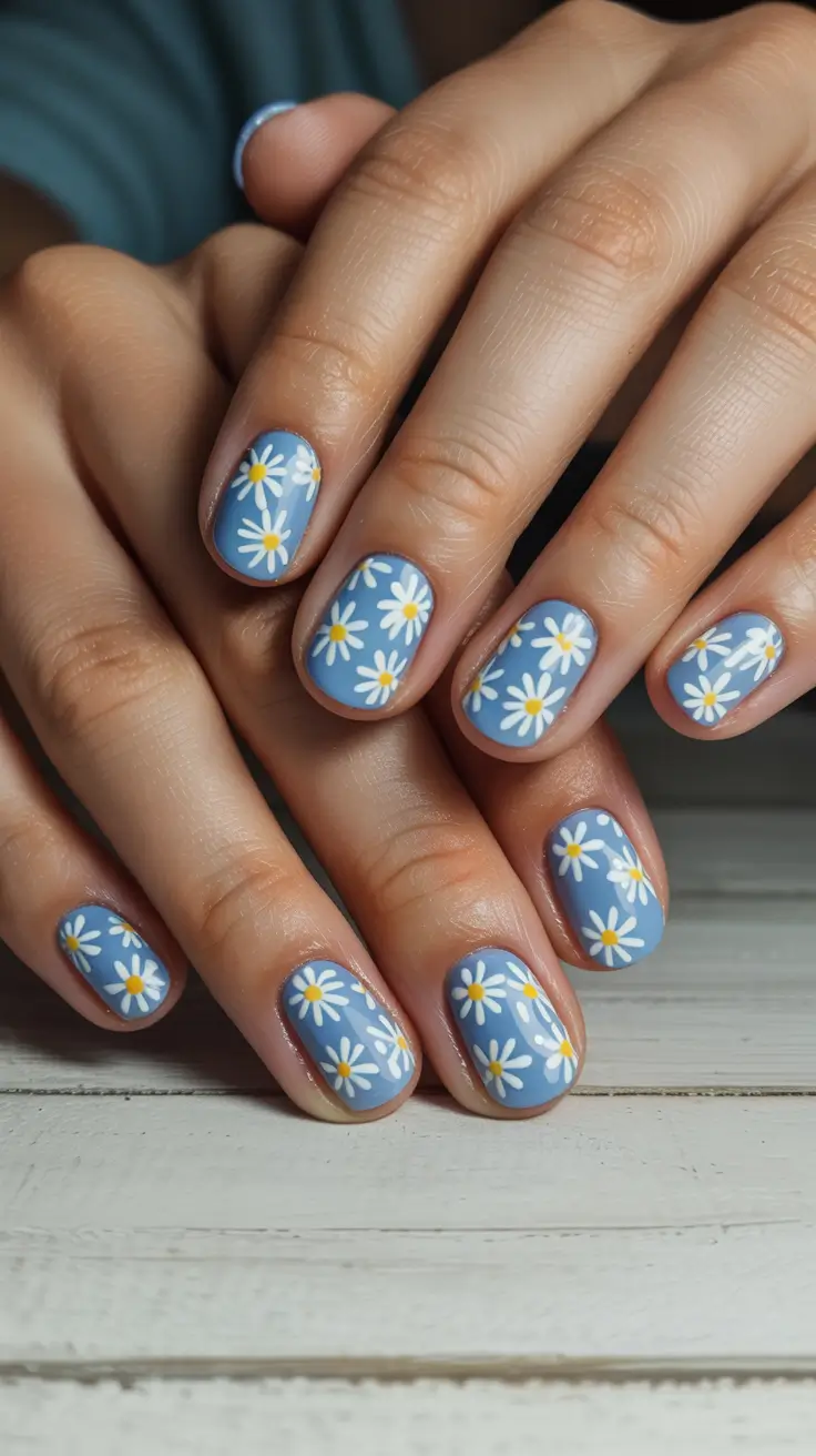 stylish spring nail art for 2026 Powder Blue Daisy Field