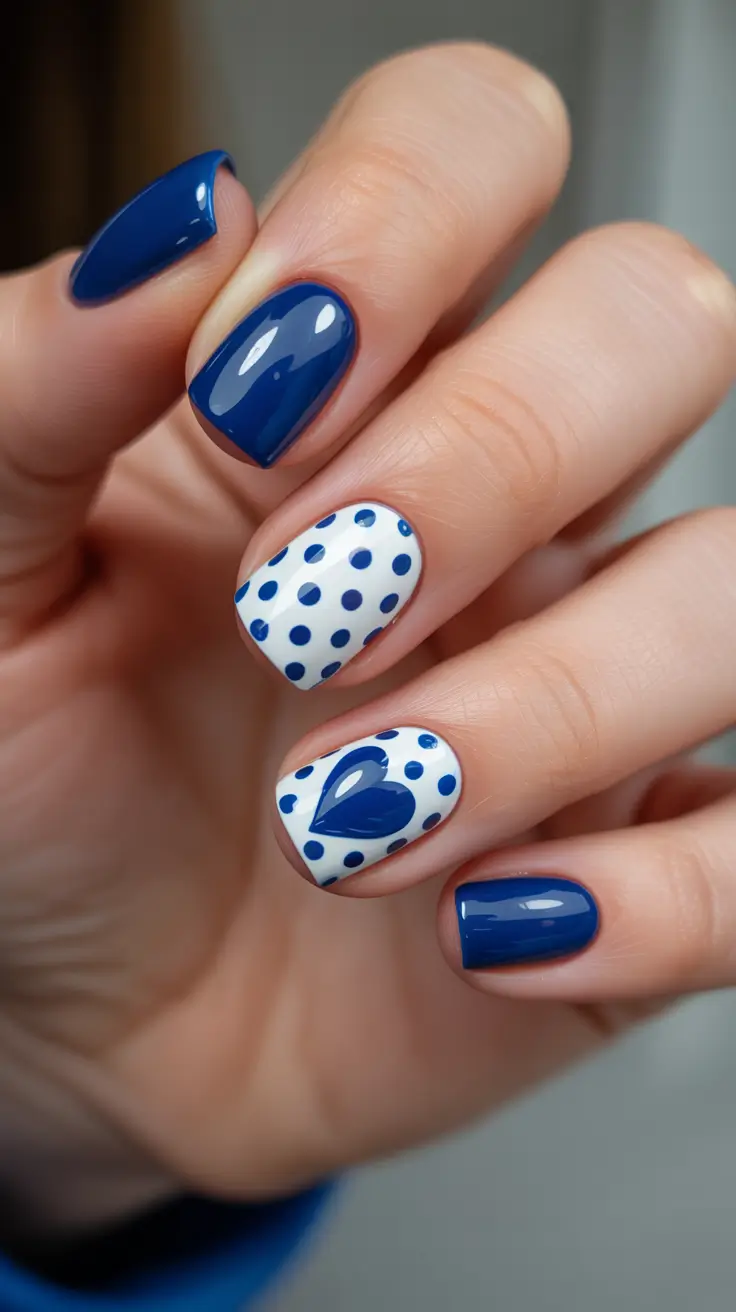 stylish spring nail art for 2026 Navy Polka Heart Contrast