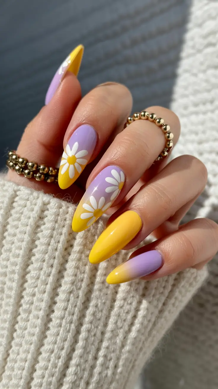 stylish spring nail art for 2026 Lavender and Lemon Daisy Dream