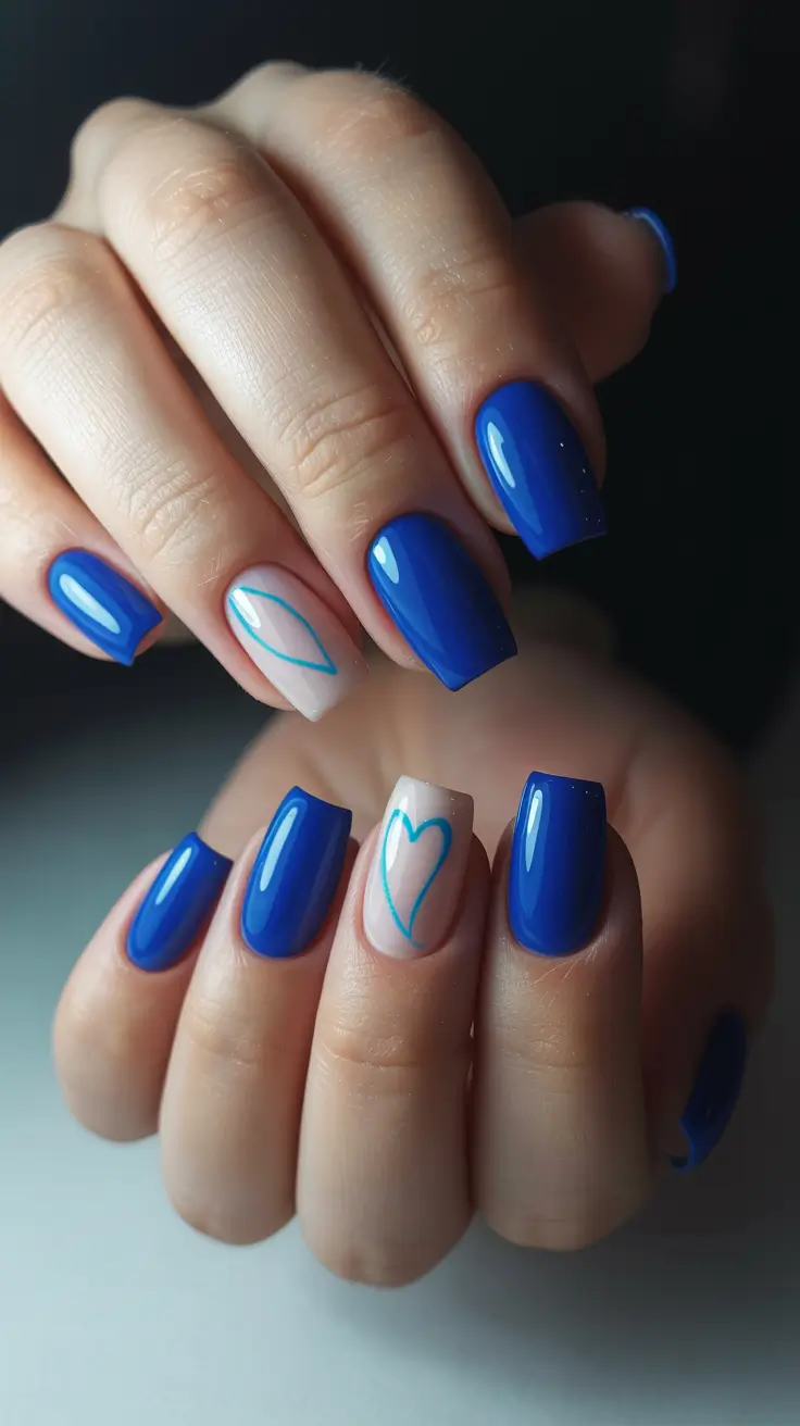stylish spring nail art for 2026 Cobalt Outline Heart Modern Graphic