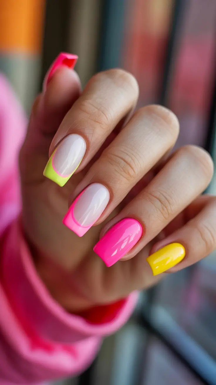 stylish spring nail art for 2026 Neon French Remix with Playful Color Blocking