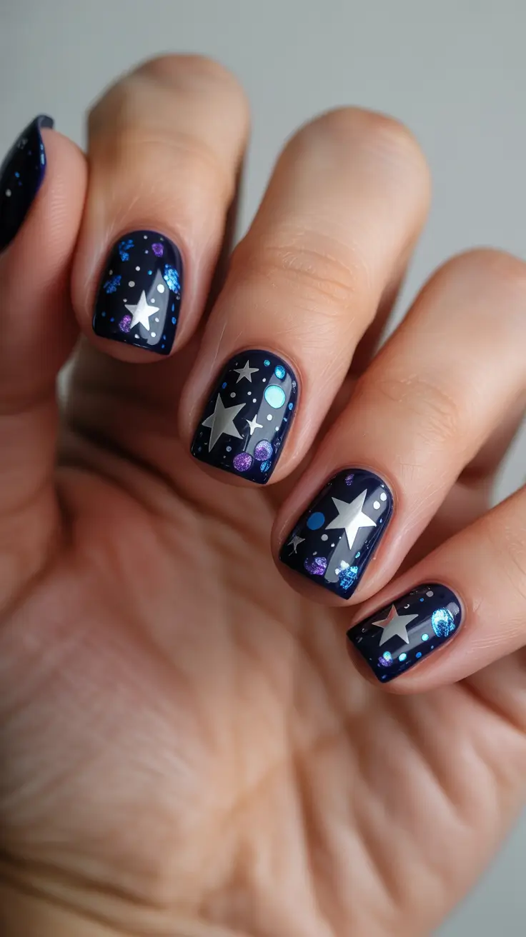 stylish spring nail art for 2026 Midnight Galaxy Spring Contrast