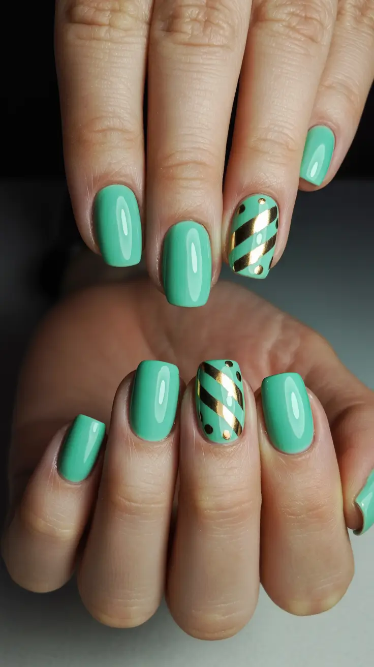 stylish spring nail art for 2026 Mint Luxe Stripes with Golden Accents