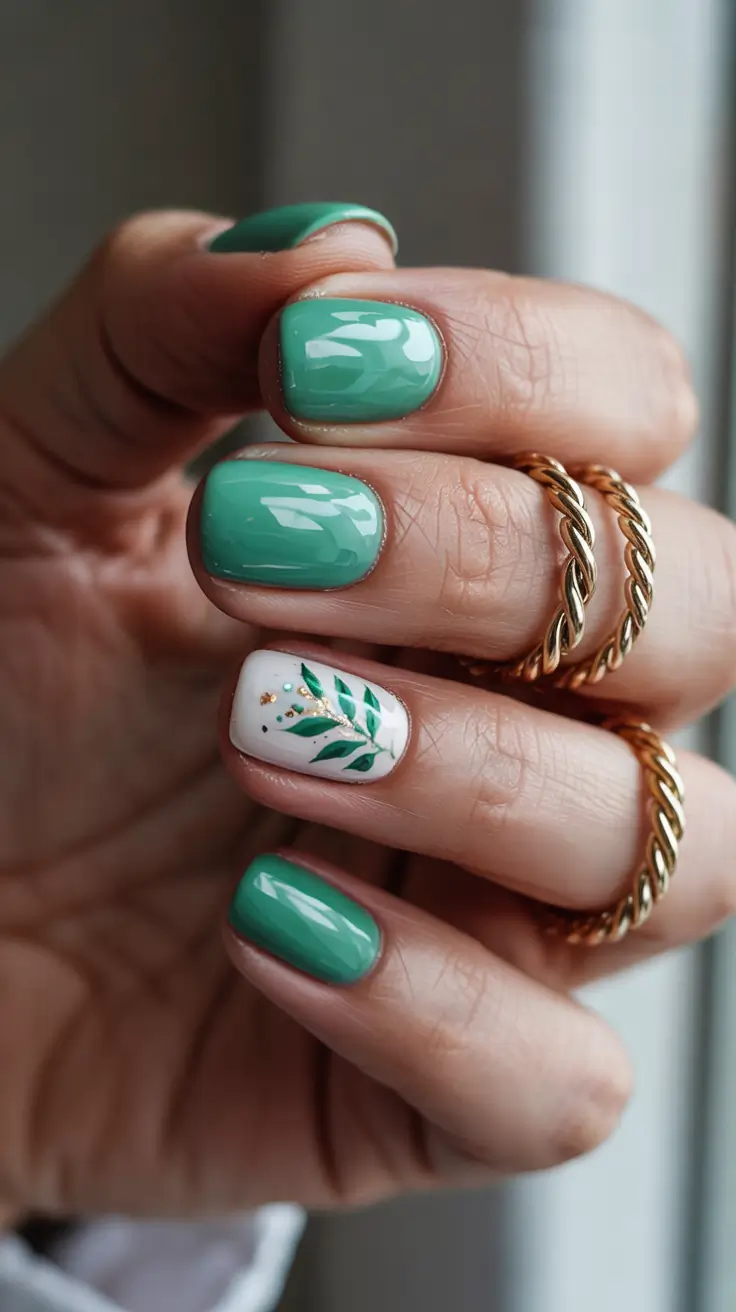 stylish spring nail design 2026 Fresh Botanical Green With a Minimal Leaf Accent