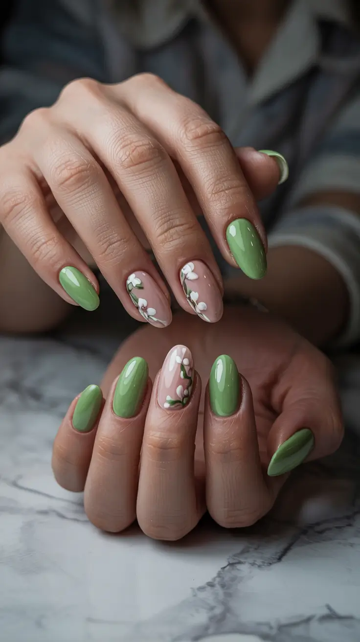 stylish spring nail design 2026 Fresh Olive Green With Delicate Blossom Accents