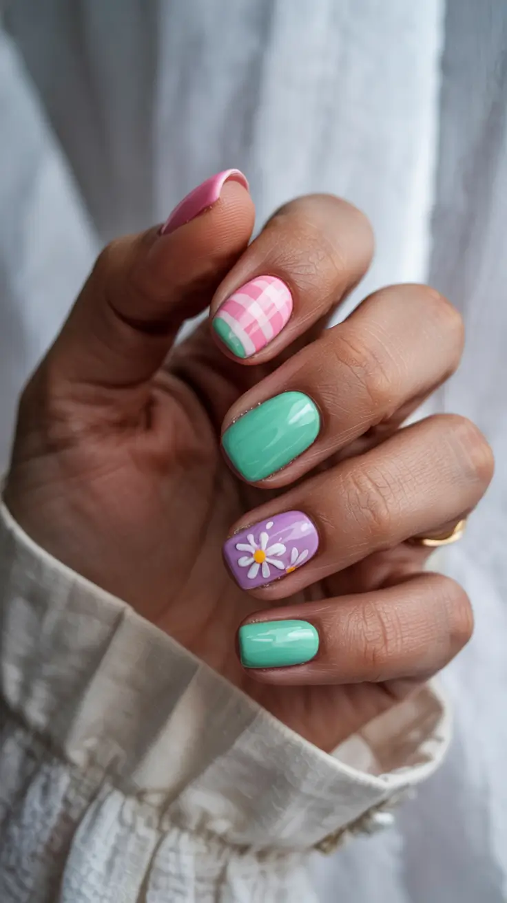 stylish spring nail design 2026 Mint, Lilac and Gingham Play