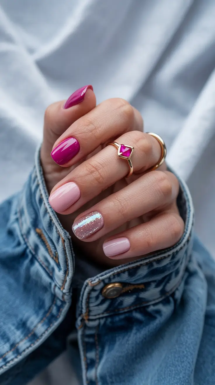 stylish spring nail design 2026 Fuchsia Pop With Subtle Glitter Accent