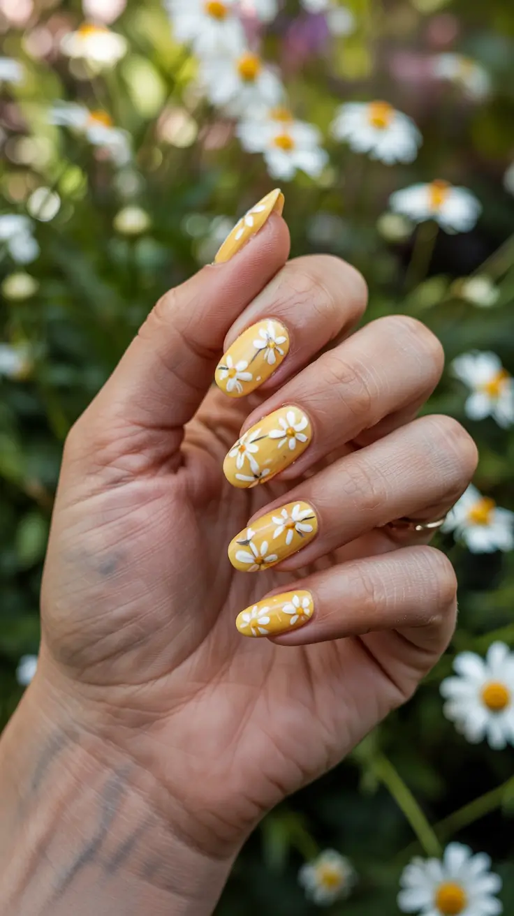 stylish spring nail design 2026 Sunny Yellow With All-Over Daisy Print