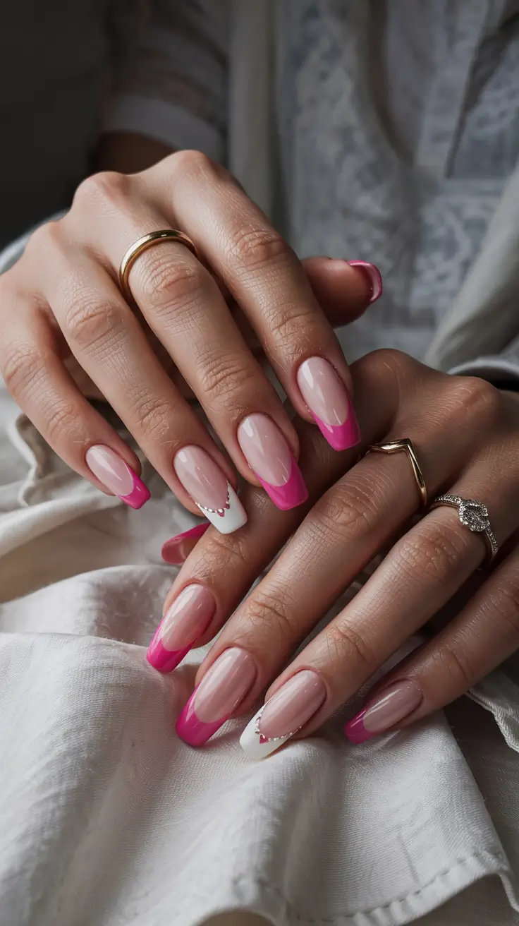 stylish spring nail design 2026 Hot Pink French With Delicate Heart Accent