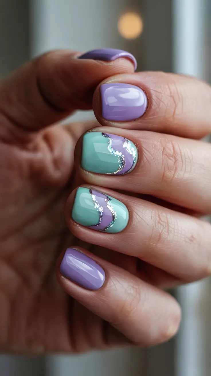 stylish spring nail design 2026 Mint and Lilac Waves With Silver Sparkle