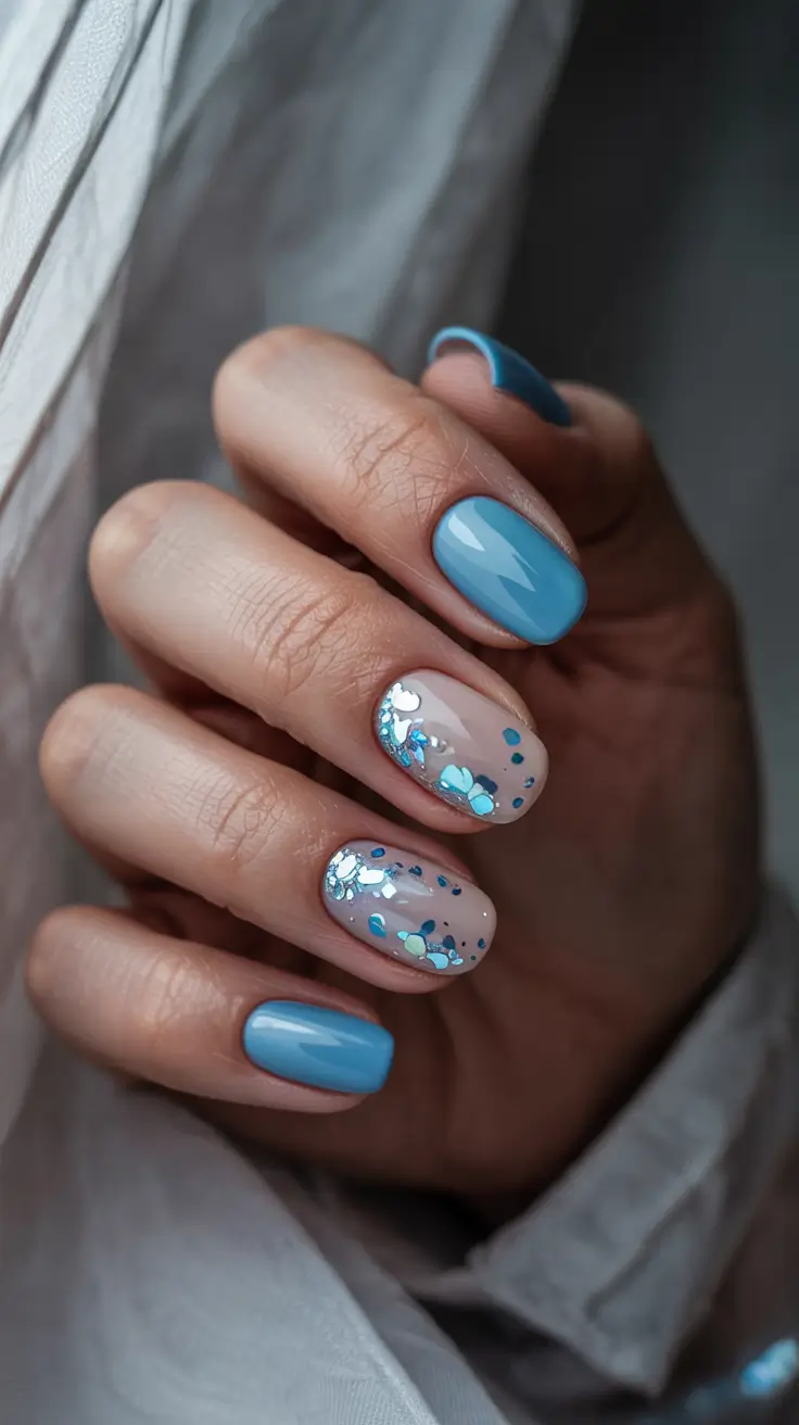 stylish spring nail design 2026 Sky Blue With Iridescent Floral Confetti