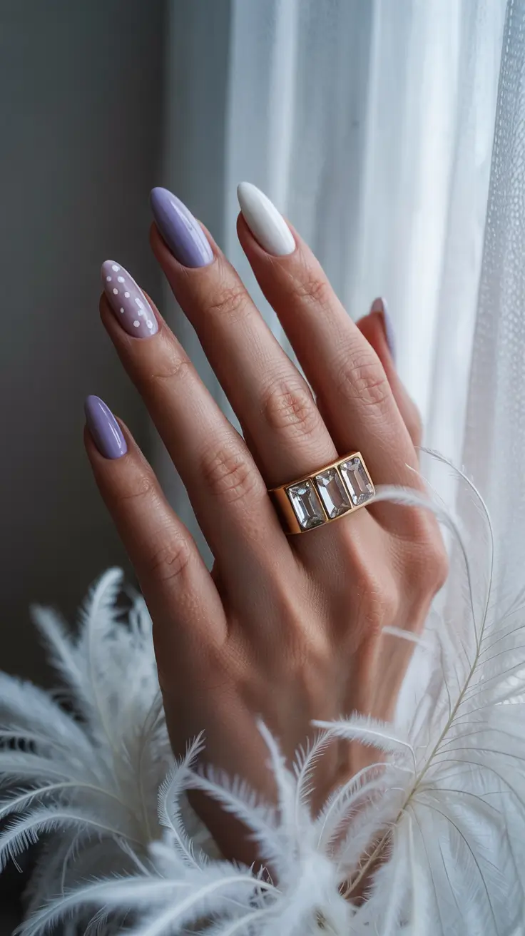 stylish spring nail design 2026 Soft Lavender Almond With Modern Polka Detail