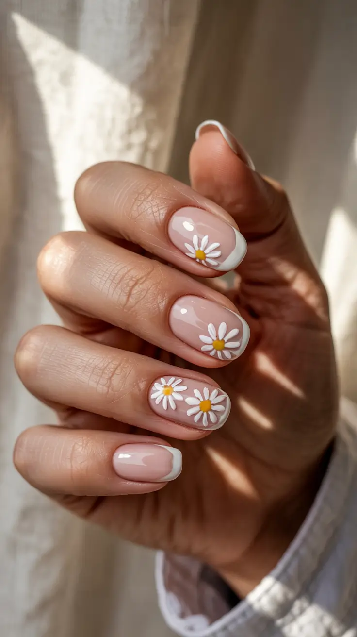 stylish spring nail design 2026 Sheer Blush French With Dainty Daisies