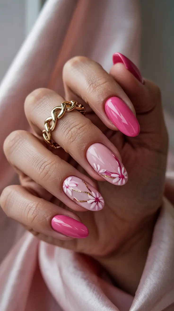 stylish spring nail design 2026 Glossy Pink Bloom With Fine Gold Lines