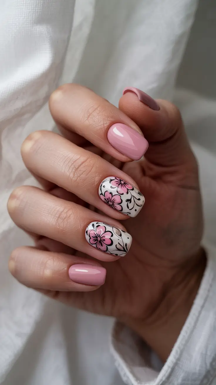 stylish spring nail design 2026 Romantic Blush With Hand-Drawn Floral Illustration