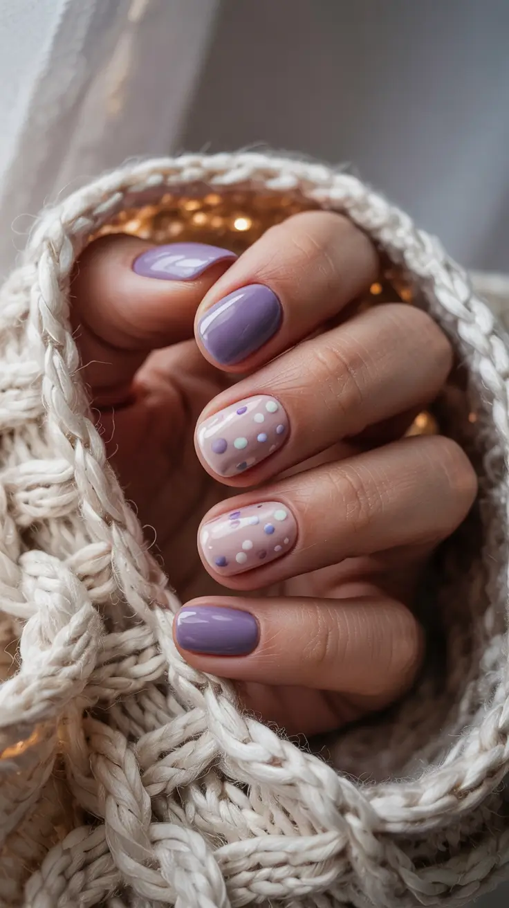 stylish spring nail design 2026 Playful Lilac Confetti With Soft Nude Base