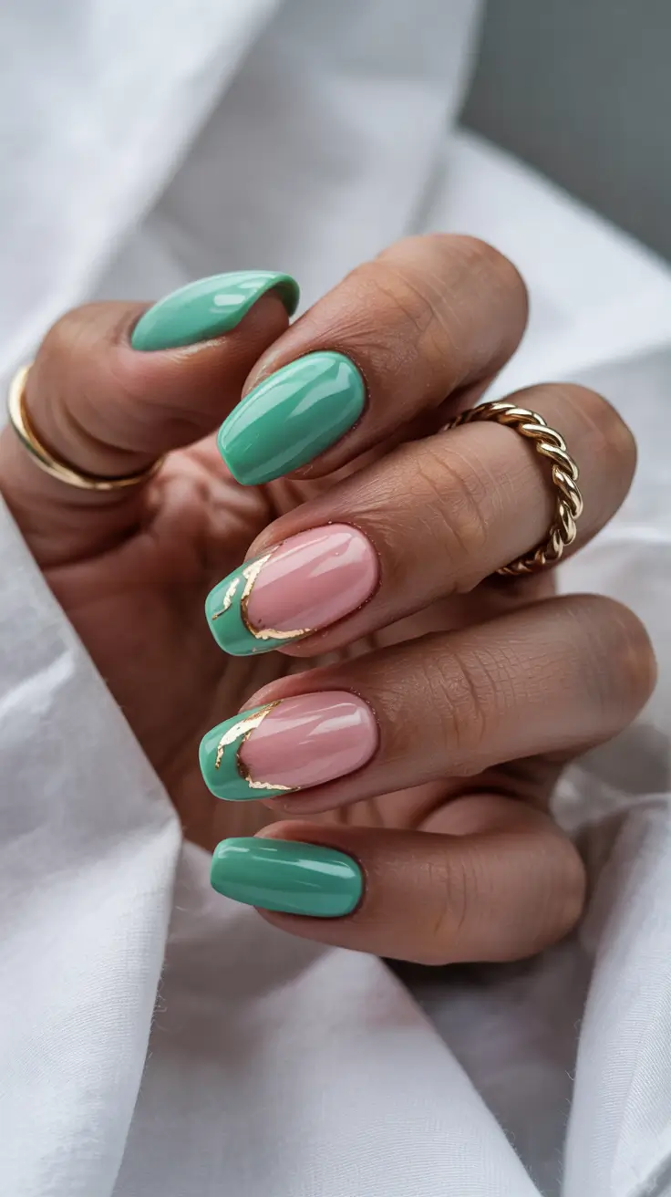 stylish spring nail design 2026 Mint Green With Blush Waves and Gold Veins