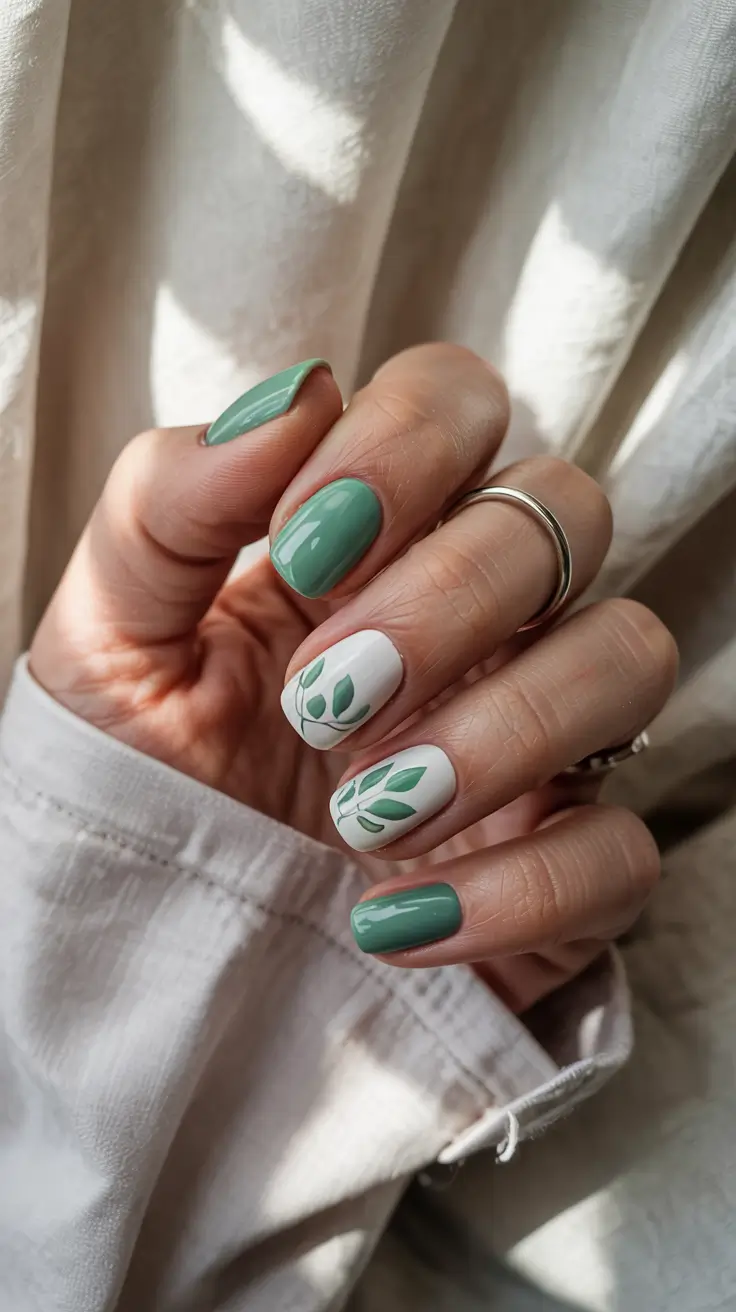 stylish spring nail design 2026 Soft Sage and White Botanical Minimalism
