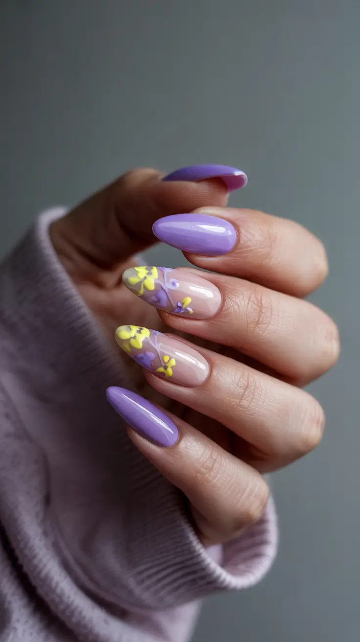 stylish spring nails 2026 Lilac Bloom with Yellow Accents