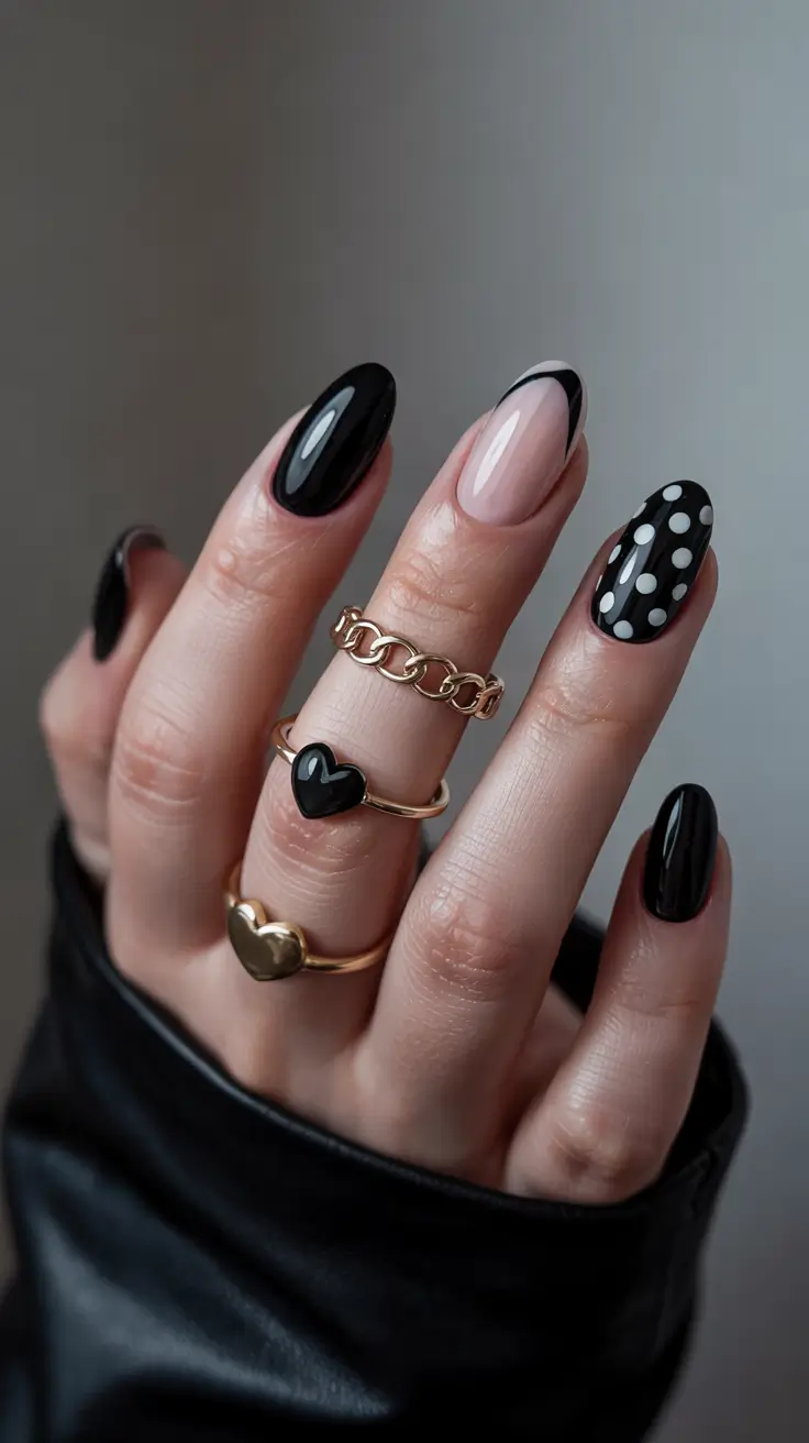 stylish spring nails 2026 Black and Nude Polka Contrast